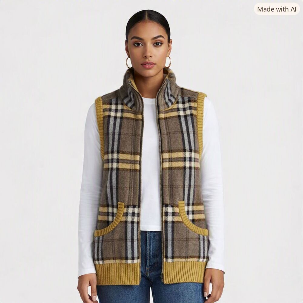 NWOT Mossimo Supply Co Plaid Sweater Vest 2-way Zip Snap in Mustard Brown Small